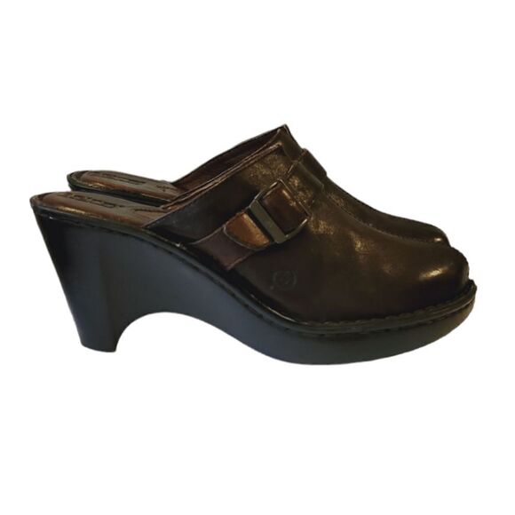 Born Handcrafted Brown Leather Wedge Heel Buckle Detail Slip-on Mule Shoe Size 8 - Picture 4 of 12